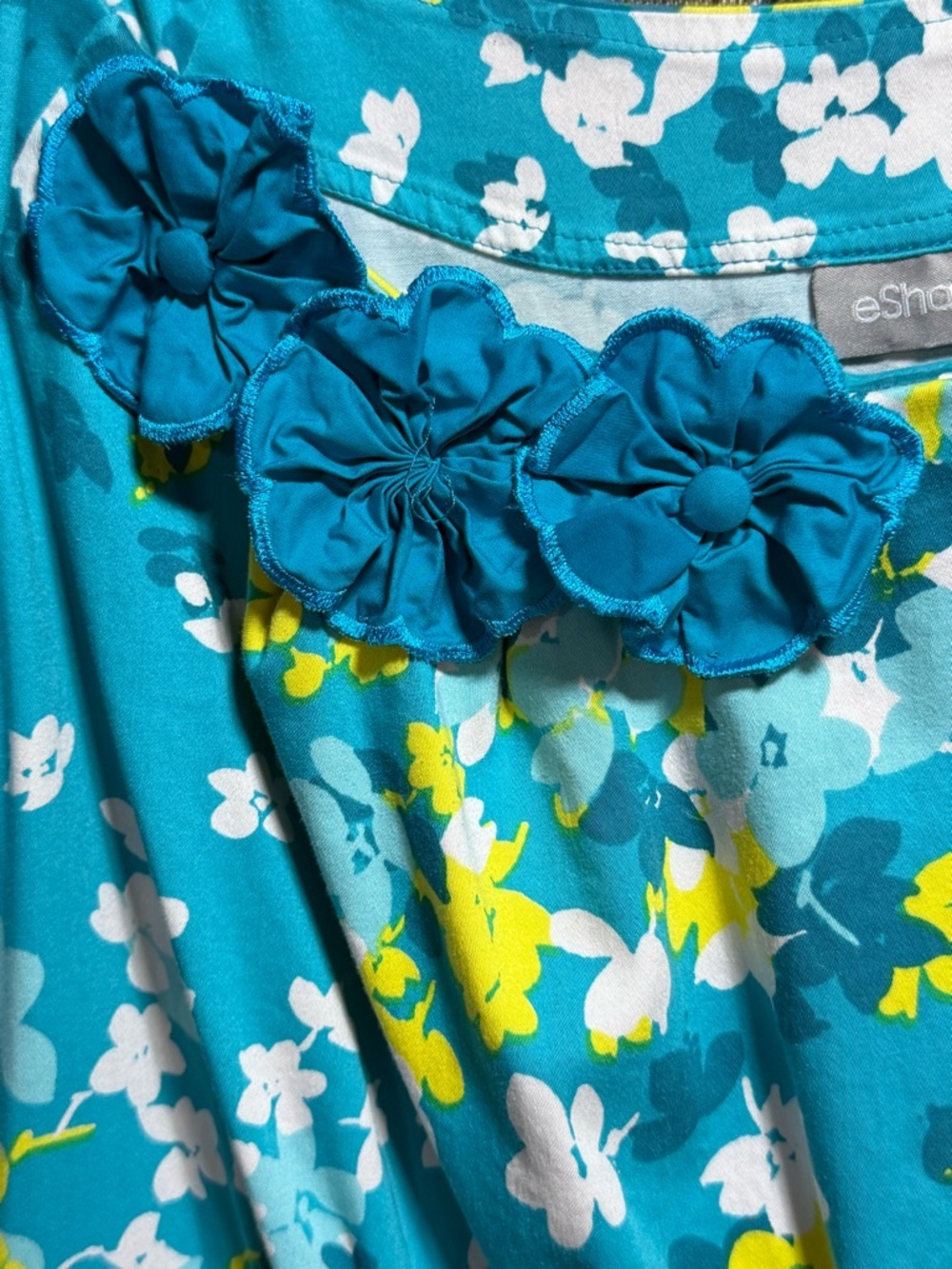 eshakti Teal Floral Puff Sleeve Dress w/Pockets & Fabric Flowers at Neckline 1X - Picture 9 of 12